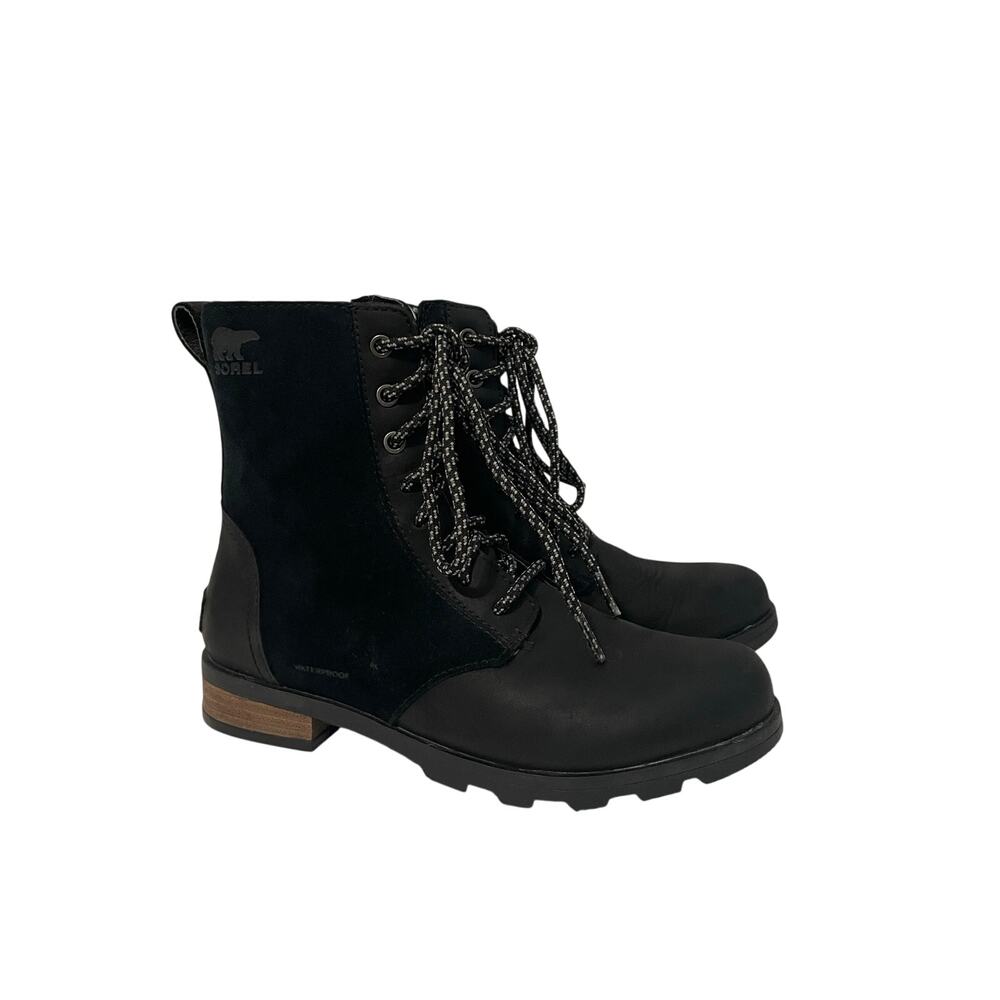 Sorel Emelie Short Lace Waterproof Boot Black Leather Suede Women's 6
